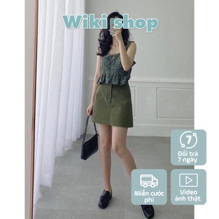 Set áo hai dây hoa nhí mix chân váy kaki xanh - Set bộ đồ nữ áo 2 dây và chân váy chữ A dáng ngắn freesize C776