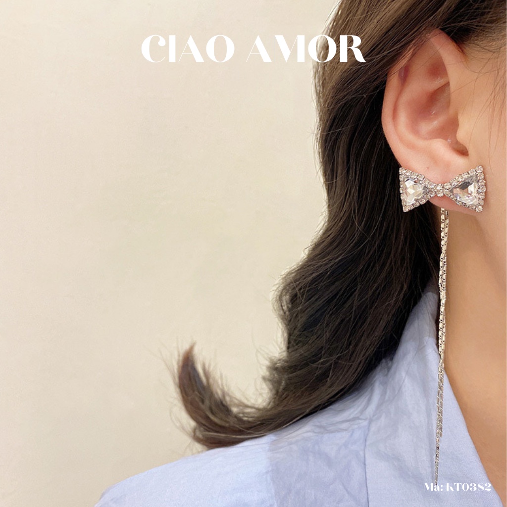 Khuyên tai nữ, Bông tai nữ bạc 925 nơ bạc đính đá to dây xuống sang trọng lấp lánh Trang sức Ciao Amor - KT0382
