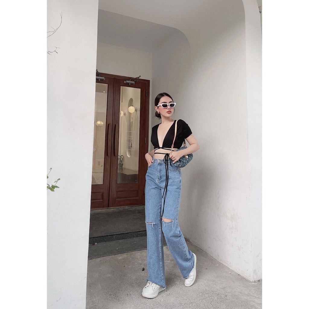 [Mã 11FASHIONSALE1 giảm 10k đơn 50k] Áo Croptop Kiểu Hở Ngực Cột Dây Eo Chất Thun Co Giãn Màu Trắng - ÁO CỔ V | WebRaoVat - webraovat.net.vn