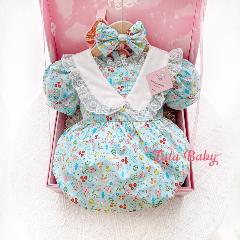 Body Cho Bé Gái Màu Xanh Dương Hoạ Tiết Hoa Nhí Kèm Turban Nơ, Bodysuit Cho Bé 4-11kg