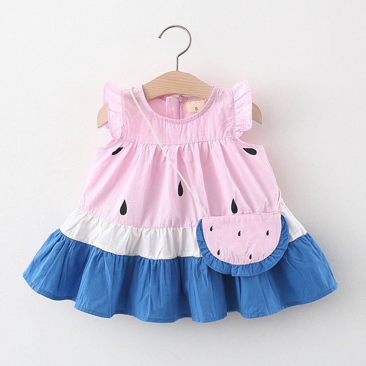 Đầm Cotton Hở Vai Phối Màu Họa Tiết Dưa Hấu Dễ Thương Thời Trang Mùa Hè Cho Bé