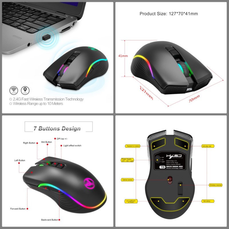 Chuột Không Dây Pin sạc T26 Gaming Mouse Type C