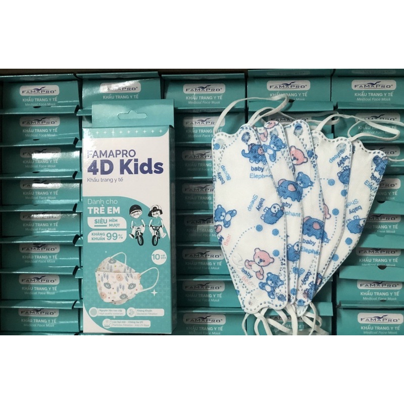 Combo 10 hộp khẩu trang 4D Kids trẻ em giá sỉ chính hãng Famapro khẩu trang cho bé từ 2 đến 10 tuổi