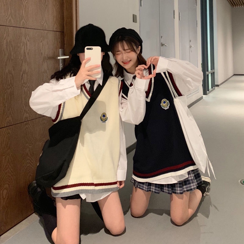 Bộ Áo Sơ Mi Dệt Kim Không Tay+Chân Váy Xinh Xắn Theo Phong Cách Nhật Bản Dành Cho Nữ