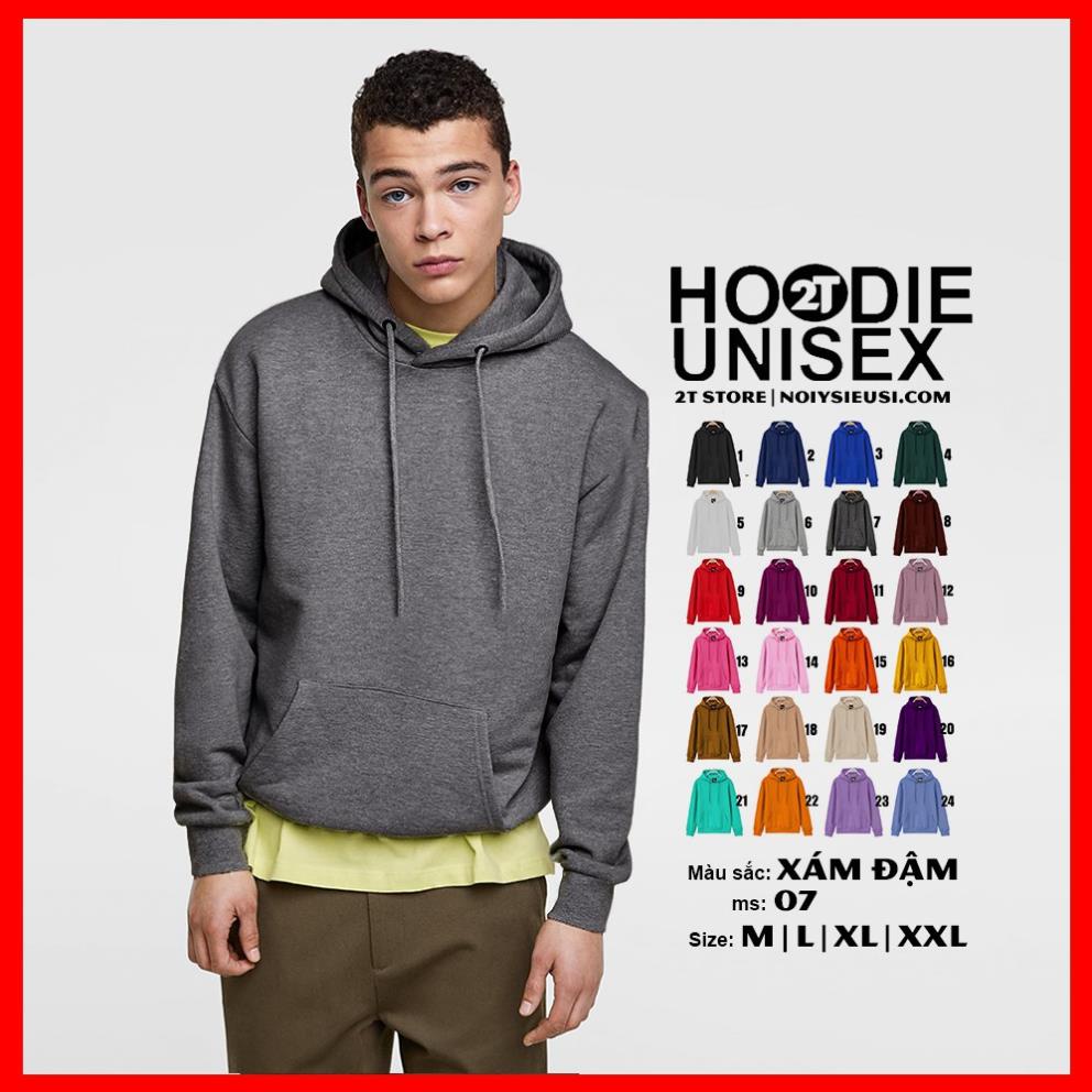 Áo hoodie unisex 2T Store H07 màu xám đậm - Áo khoác nỉ chui đầu nón 2 lớp dày dặn đẹp chất lượng 🌺