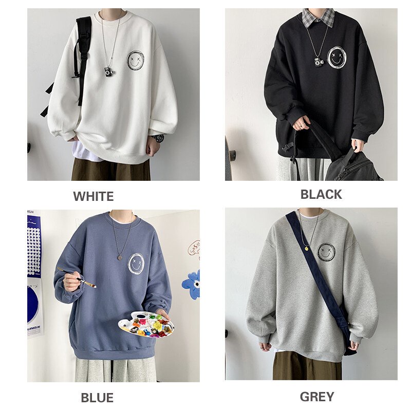 Áo Sweater Unisex nỉ in hình mặt cười, phong cách Hàn Quốc, form rộng có thể mặc sơ mi bên trong