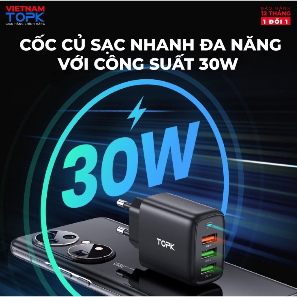 Cốc sạc nhanh 3 trong 1 TOPK B15 Sạc nhanh QC 3.0 công suất 30W 3 cổng USB có đèn LED báo đầy pin - Hàng chính hãng