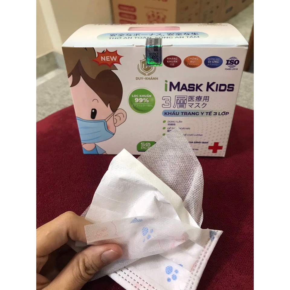 Khẩu trang y tế trẻ em kháng khuẩn 3 lớp Bảo Châu/Duy Khánh [hộp 50 chiếc chia túi 10]