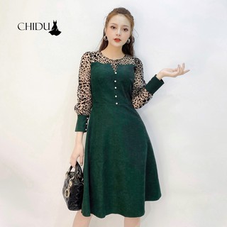 CHIDU váy dự tiệc tay ren da báo đính ngọc SP316