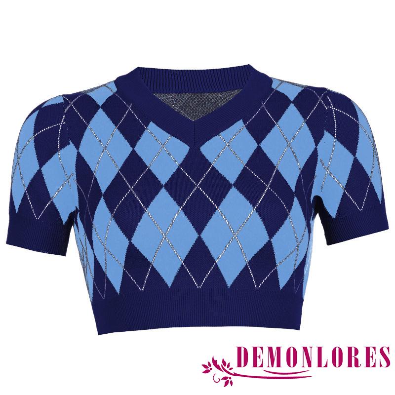 Áo croptop dệt kim tay ngắn cổ chữ V họa tiết hình thoi thời trang cho nữ