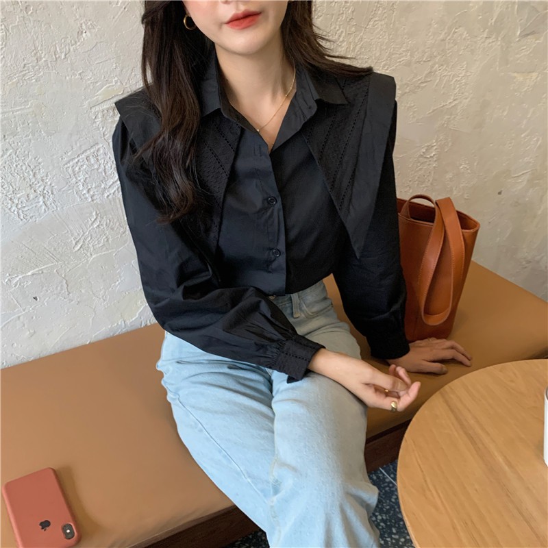 38655 Áo Sơ Mi Dài Tay Màu Trơn Thêu Hoa Văn Cho Nữ