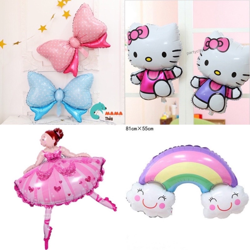 bóng hình công chúa bale, bóng kitty, bóng hình bông hoa, bóng xe Happy bỉrthday trang trí sinh nhật cho bé