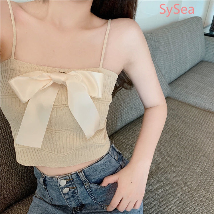 Áo Hai Dây Dệt Kim Phối Nơ Thời Trang Mùa Hè Hàn Quốc Cho Nữ