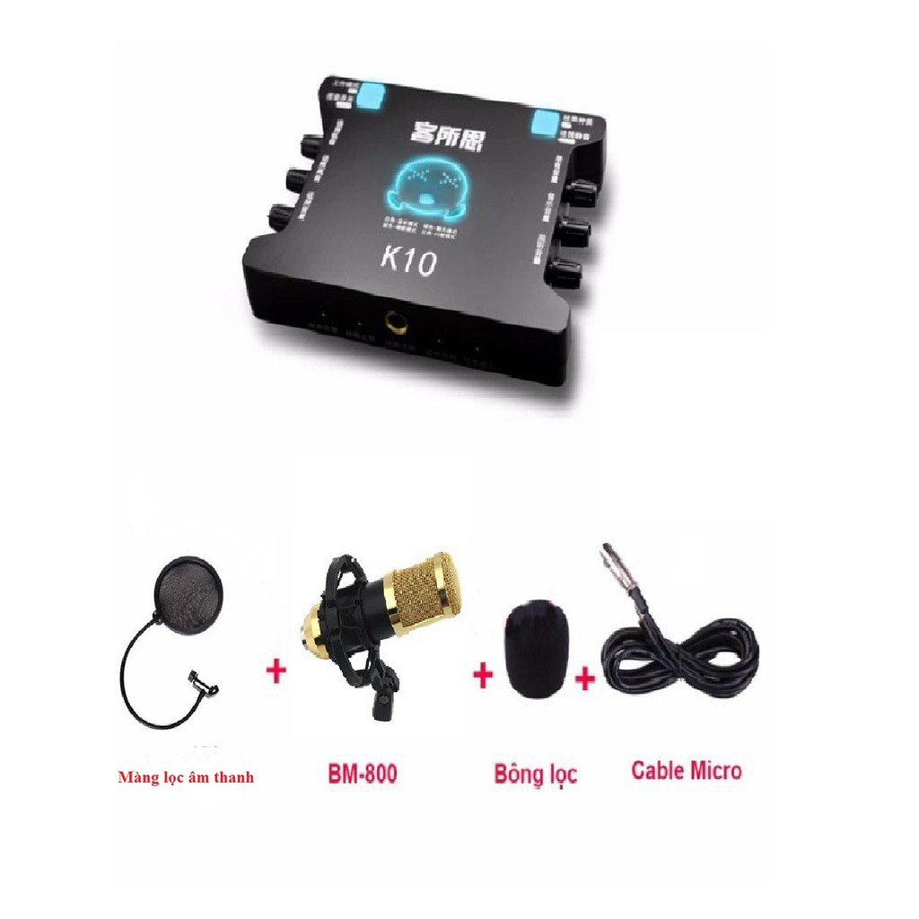 Combo sound card thu âm,Micro BM800,Livestream XOX K10, chân kẹp bàn, màng lọc âm( full bộ)Tặng tai nghe