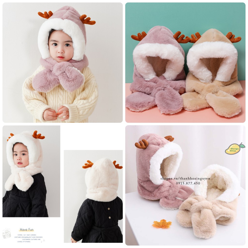 [VIDEO THẬT ] Mũ trẻ em mùa đông lót lông sừng hươu cute ( Mũ kèm khăn lót lông ấm tai gấu thỏ cho bé )