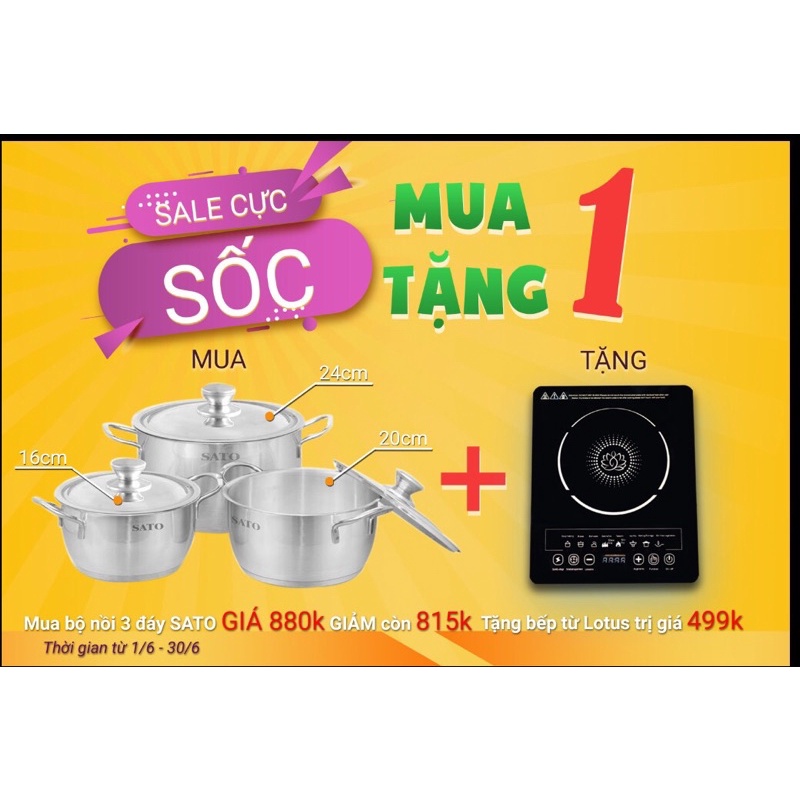 Bộ Nồi Inox 3 Đáy SATO ST BI322 BH 12TH,Chất Liệu Inox201 Siêu Bền Và An Toàn Cho Sức Khoẻ, Mua kèm bếp điện từ giảm sốc