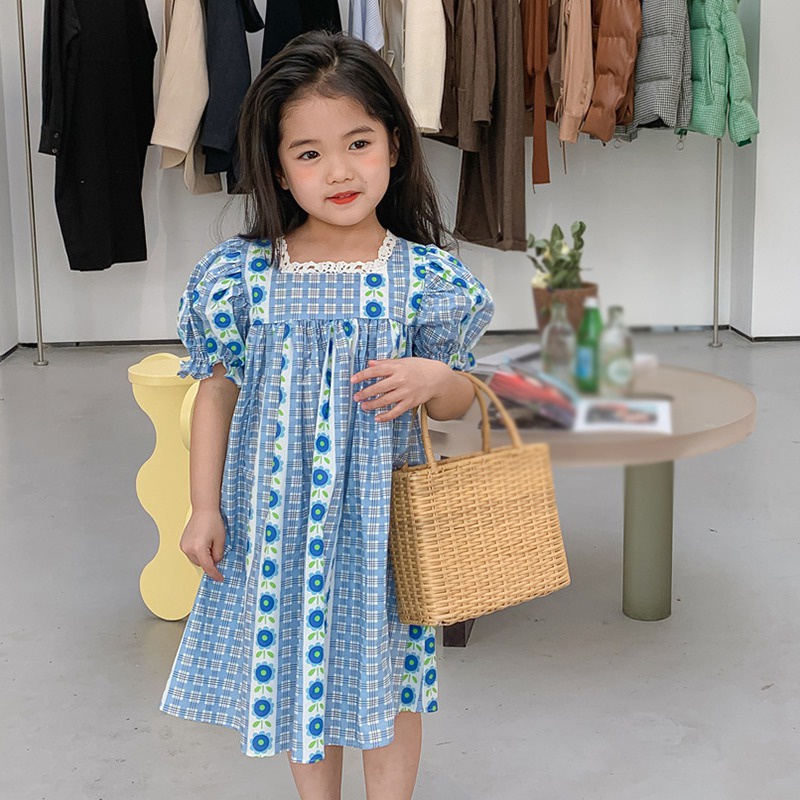 Đầm Công Chúa Mùa Hè Cổ Vuông Tay Cộc In Họa Tiết Hoa Cho Bé Gái Se7en