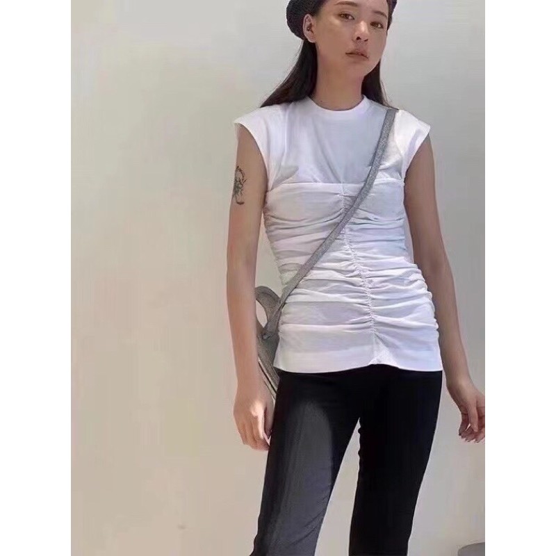 áo phông không tay ôm eo xếp ly mới có dây kéo bên hông, màu đen và trắng ganni