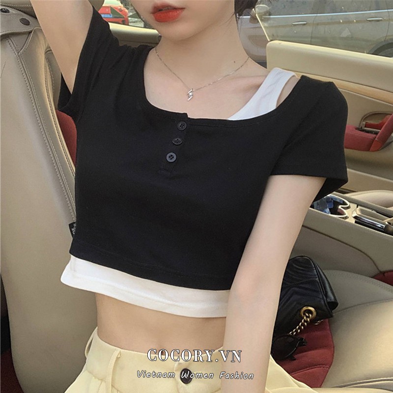 Áo Croptop Tay Ngắn Cổ Chữ U Thiết Kế Ôm Sát Tôn Dáng