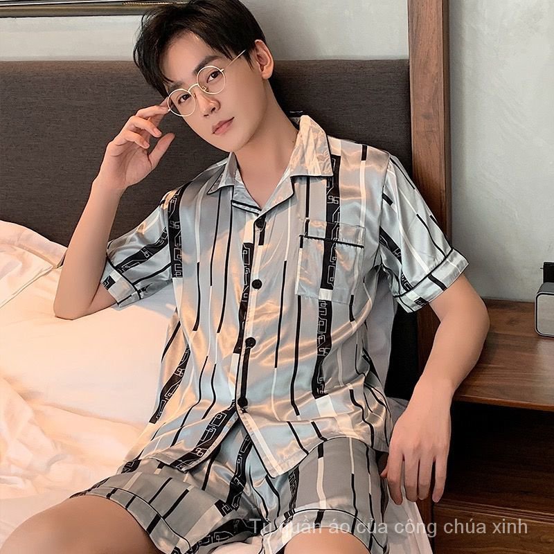 Bộ đồ ngủ ngắn tay bằng vải lụa lạnh mỏng in họa tiết hoạt hình thời trang mùa hè cho nam X80W