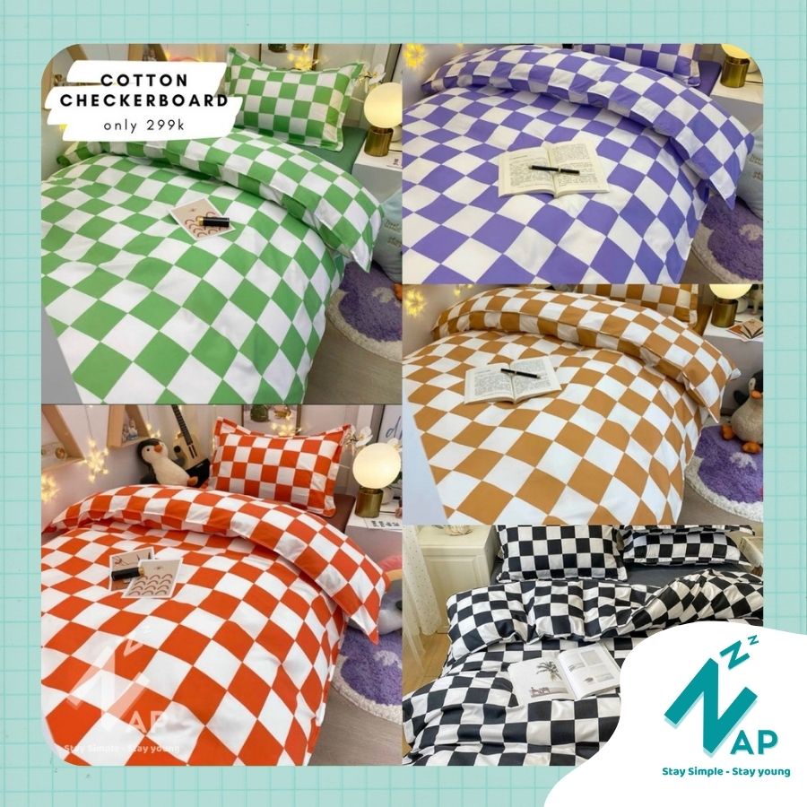 [Ảnh Thật- Video kèm Feedback]Bộ 4 Món Chăn Ga Gối Cotton 80%Basic Caro Checkerboard Cá Tính Size m6/m8/2m2- Napbedding | BigBuy360 - bigbuy360.vn