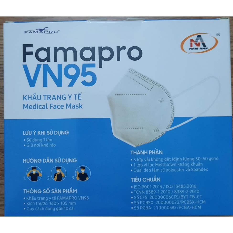 Khẩu trang y tế N95 Cao Cấp- 4 lớp kháng khuẩn Famapro (Nam Anh)- Hộp 10 cái