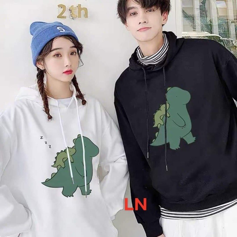 set 2 áo đôi hoodie nỉ bông khủng long to cõng khủng long bé