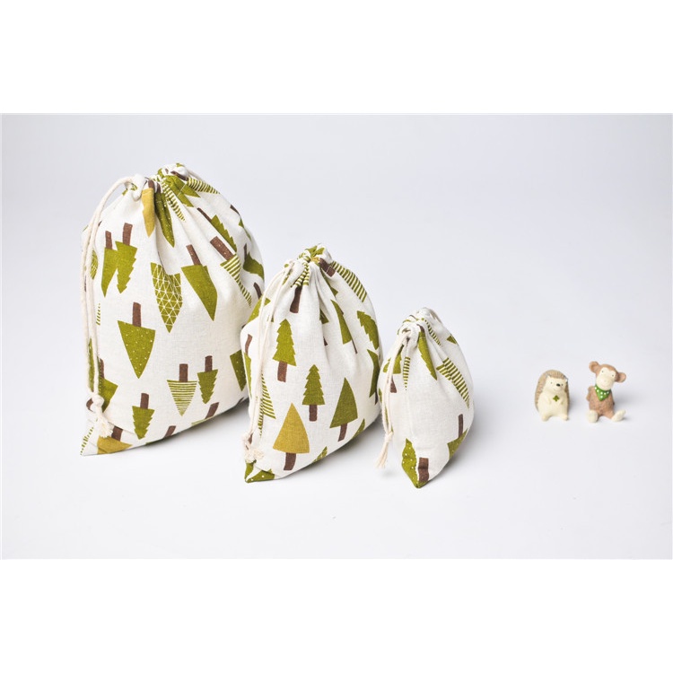 Túi dây rút vải lanh cotton in hình cây thông Noel