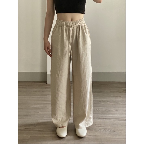 unleashedvn SANDY SUMMER PANTS - Quần linen muối tiêu cạp chun, ống quần suông rộng