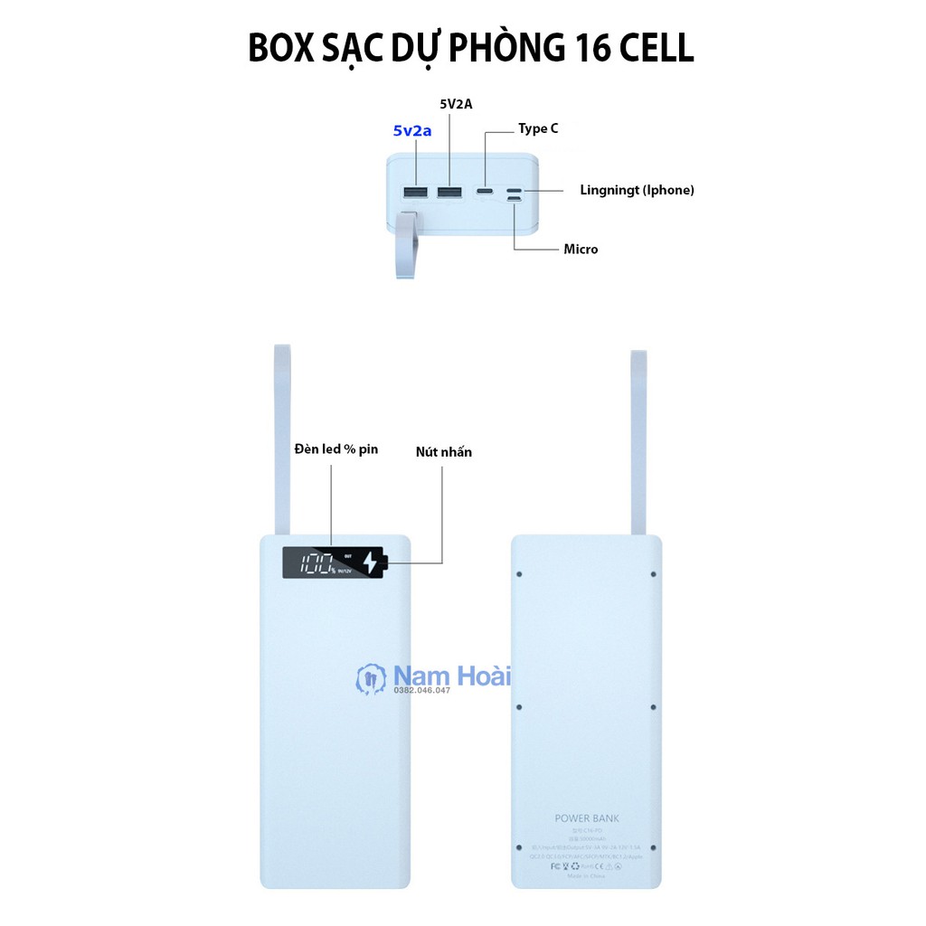 Box sạc dự phòng 16 cell 5V2.1A bản cao cấp chống ngược cực Model C16