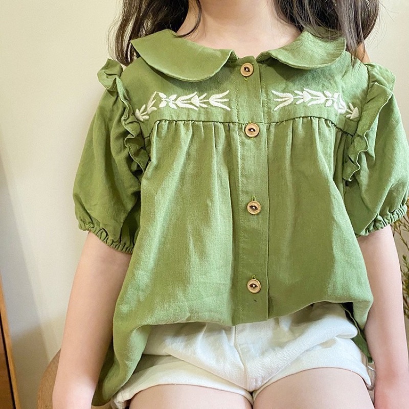 Set bé gái áo thô cổ sen kèm sooc trắng, bộ bé gái màu xanh cốm kiểu sơ mi Baby doll cực dễ thương, xinh xắn, đáng yêu