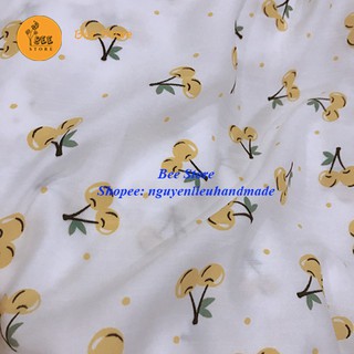 Vải đũi may scrunchies, khăn bandana, khăn turban họa tiết quả cherry chấm bi