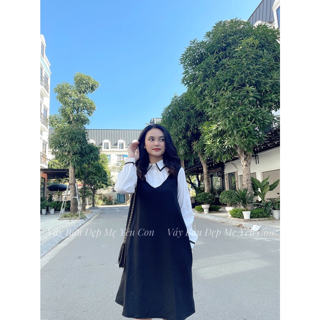 Váy Bầu - Đầm Bầu GUME giả yếm, cổ đức viền đen, form dáng chữ A thoải mái tới khi sinh MYC 1278