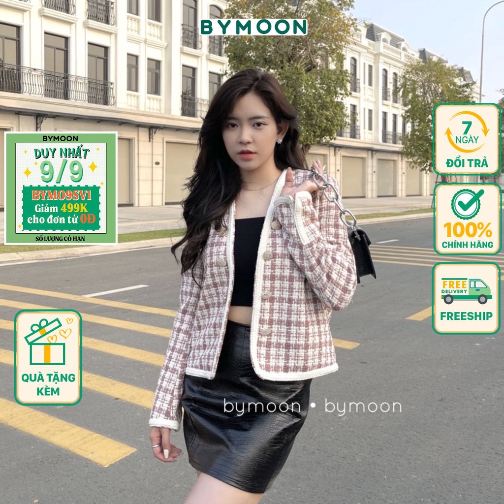 Áo khoác dạ Tweed nữ hồng thời trang thiết kế ảnh thật BY MOON AK005