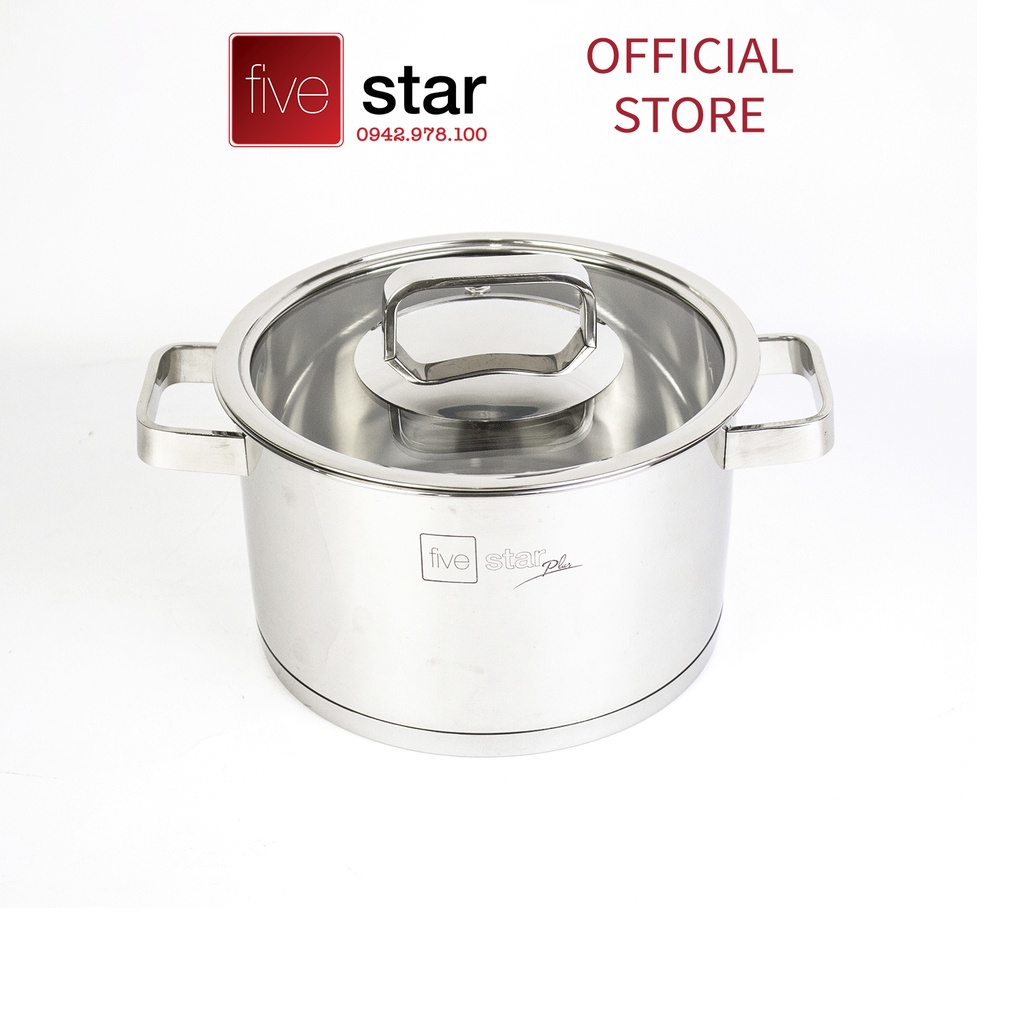 Nồi thân cao 3 đáy inox 304 Fivestar Plus bếp từ quai vuông nắp kính ( 16cm / 18cm / 20cm / 24cm )