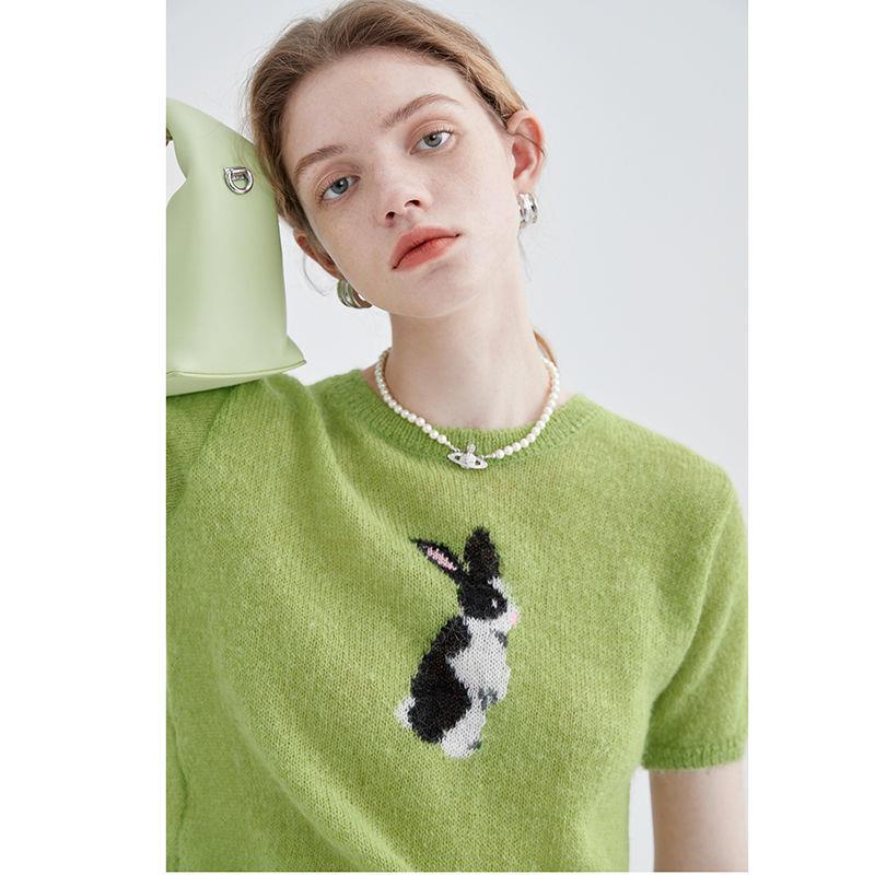 Áo Thun Dệt Kim Tay Ngắn Họa Tiết Thỏ/Quả Bơ Phong Cách Thời Trang Mùa Xuân Dành Cho Nữ