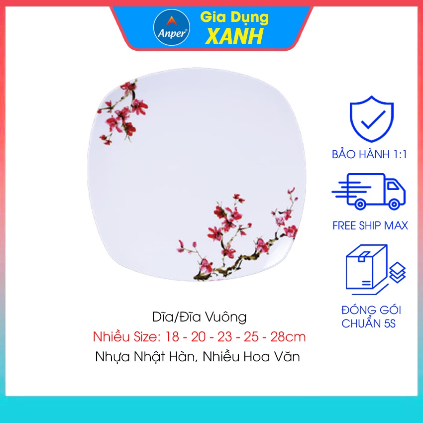 Đĩa dĩa nhựa melamine vuông nhiều size và hoa văn ANPER nhật Hàn chén plate đẹp