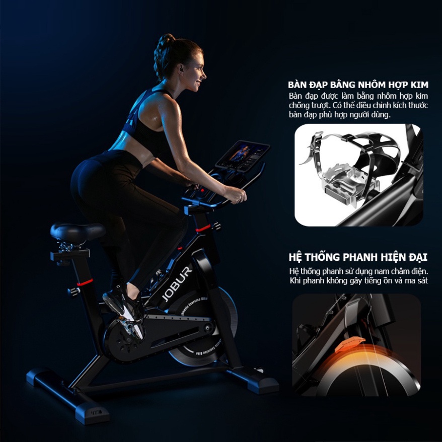 Xe đạp tập gym đa năng JOBUR SPINBIKE GH-709 vận hành êm ái, hệ thống phanh hiện đại, giảm xóc vượt trội