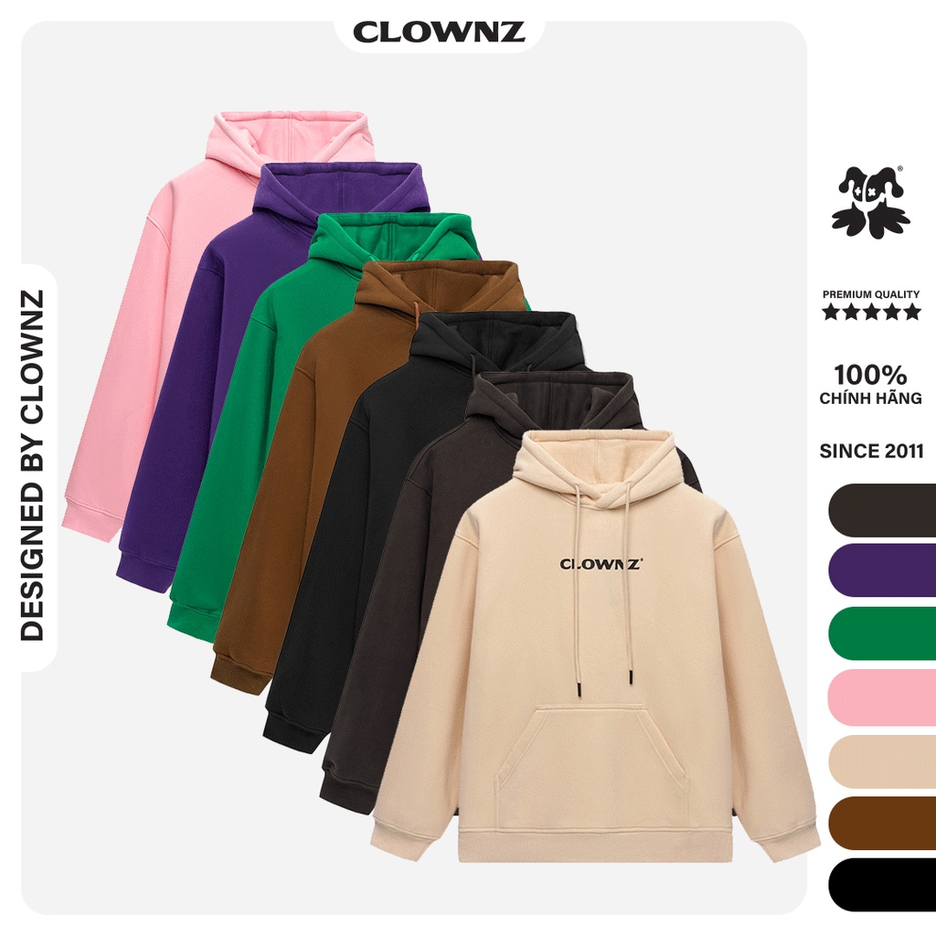 Áo hoodie local brand Clownz Basic trơn V3, 7 màu, vải nỉ bông, unisex nam nữ, form rộng