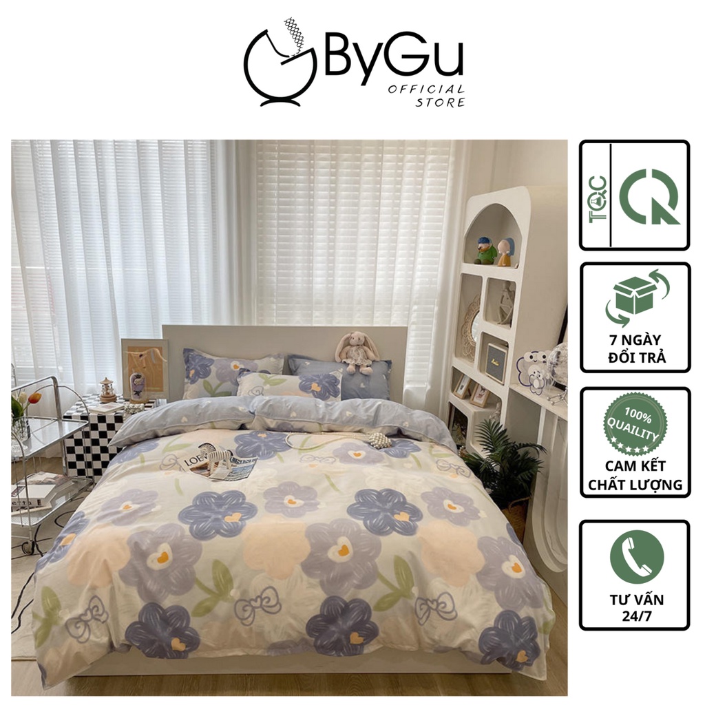 Bộ ga giường 5 món chăn phao có ruột cao cấp cotton lụa mịn đẹp BYGU BGN02 - Freeship toàn quốc - Bảo hành 1 đổi 1