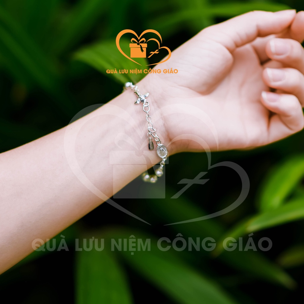 Chuỗi mân côi, lắc tay nữ hình Thánh Giá + Đức Mẹ chất liệu bạc Quà Lưu Niệm Công Giáo
