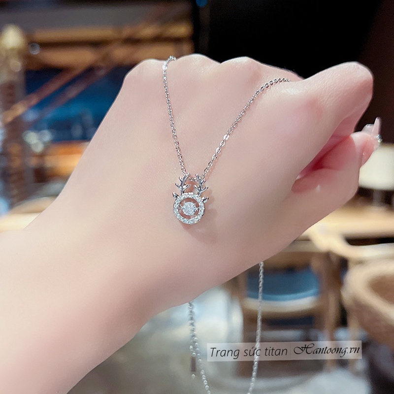 Dây chuyền mạ bạc nữ chất liệu titan không gỉ mặt sừng hươu thiết kế đá chuyển động phong cách ins 2023