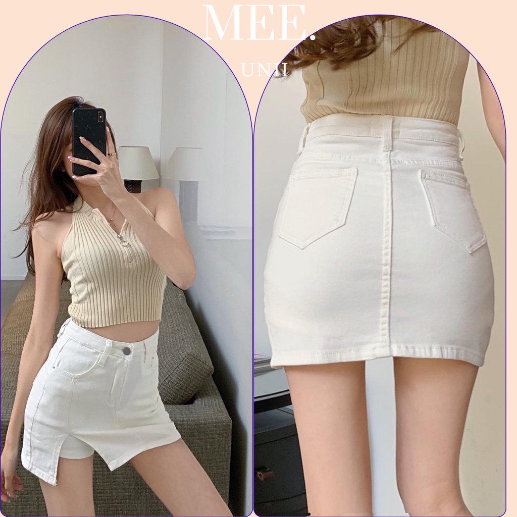 Chân váy jeans kaki chữ A MEE.UNII ngắn cạp cao , Quần short giả váy bò dáng chữ A bó sát có quần trong