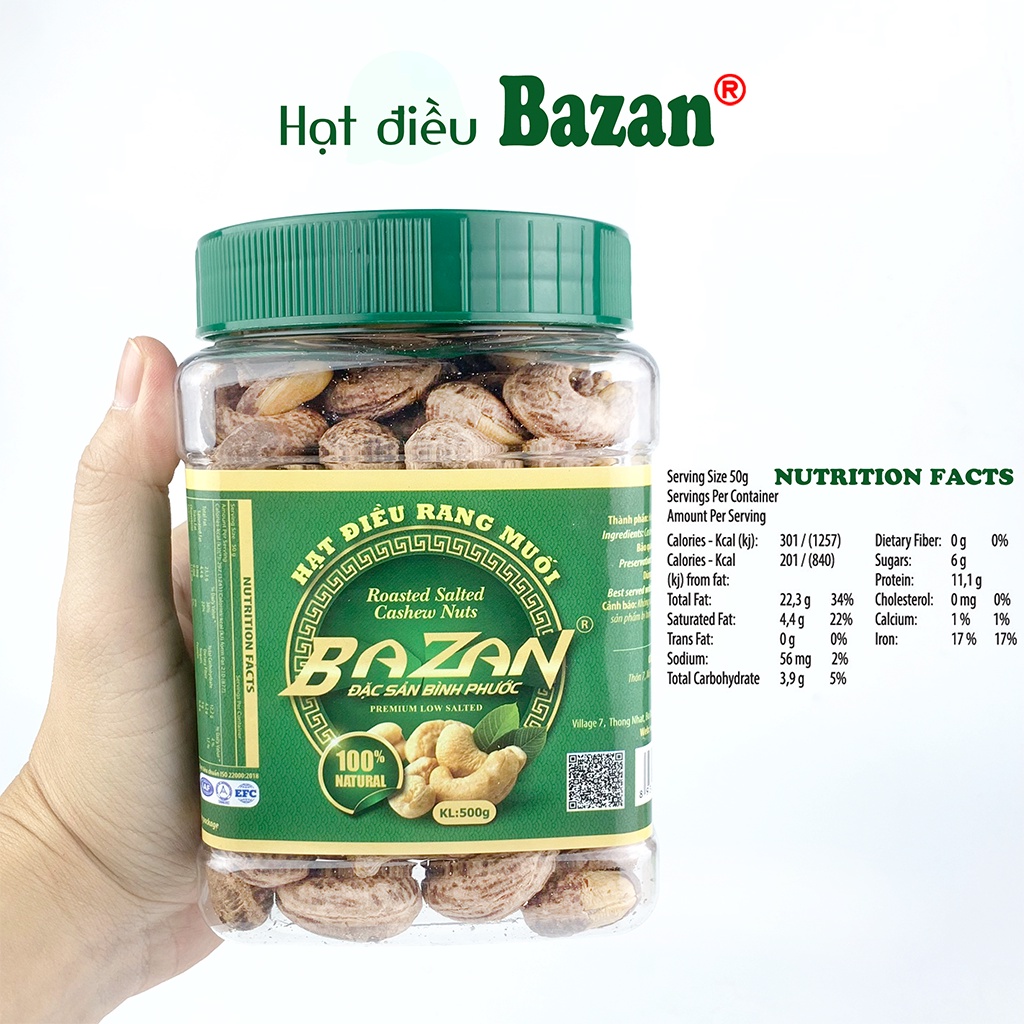 Hạt điều rang muối Bazan Bình Phước nguyên hạt dinh dưỡng A+ loại 1 hộp 500g nắp xanh còn vỏ lụa | BigBuy360 - bigbuy360.vn