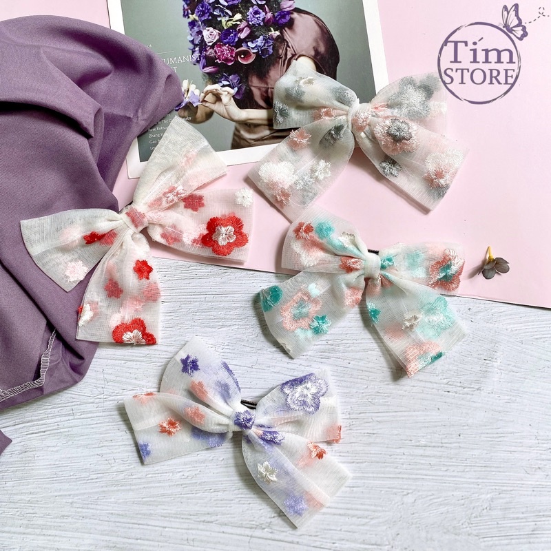 Kẹp tóc nơ hoa thêu TÍM STORE phụ kiện tóc thời trang hàn quốc