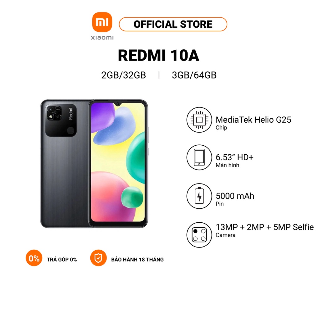 Điện thoại thông minh XIAOMI Redmi 10A 2GB+32GB/3GB+64GB MediaTek Helio G25 | 6,53&quot; HD+