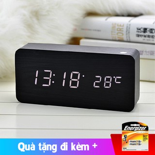 Đồng hồ báo thức điện tử với nhiệt kế vân gỗ điều khiển giọng nói + tặng pin