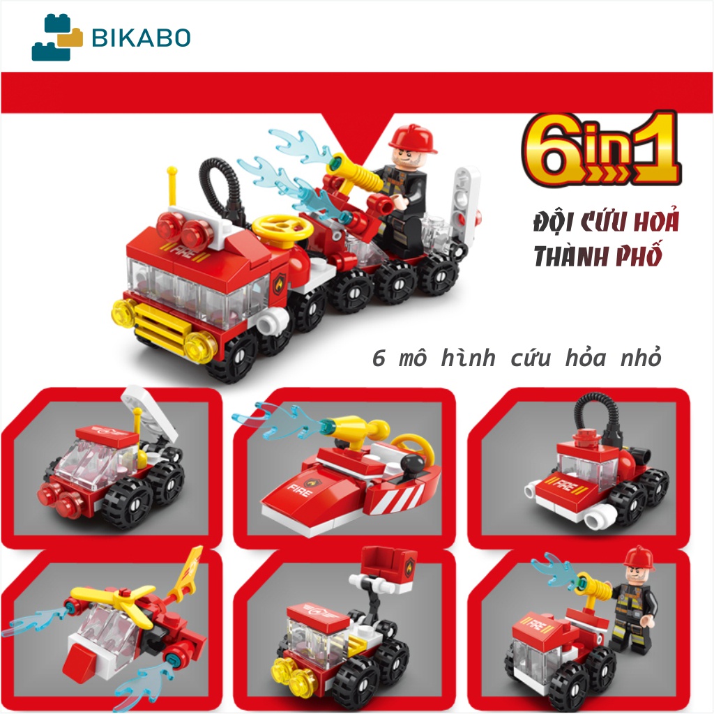 Lego cứu hoả, xe cứu hoả phun nước 6 in 1 , đồ chơi xe cứu hỏa lắp ghép cho bé, BIKABO