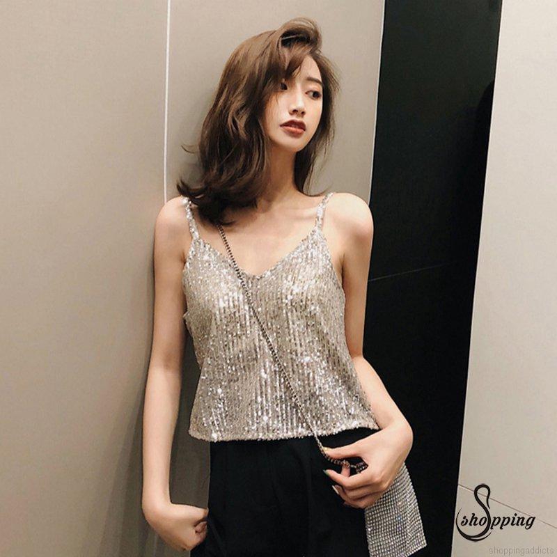 Áo hai dây cổ chữ V dáng rộng đính kim sa lấp lánh cho nữ