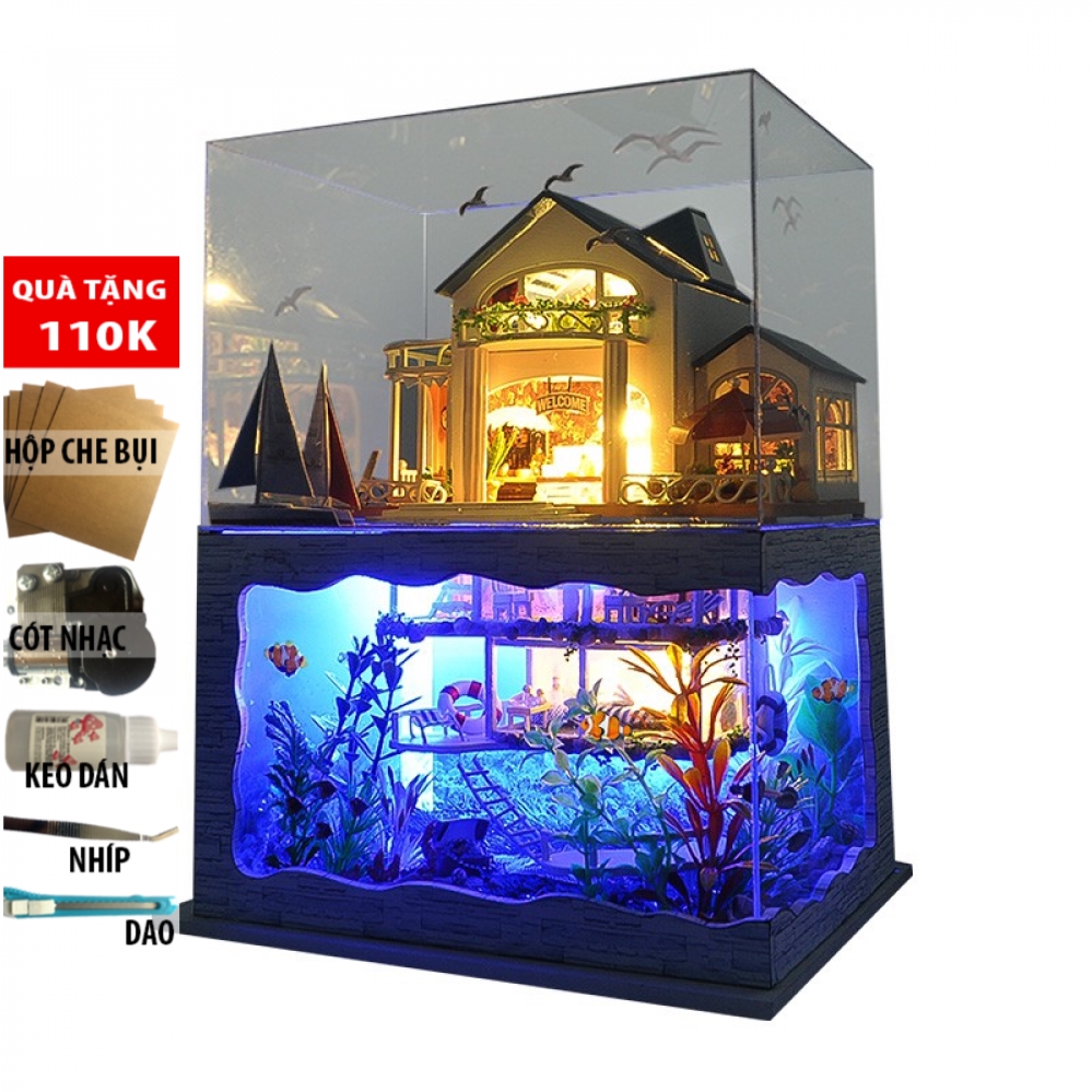Mô hình nhà búp bê bằng gỗ Impressed Hawaii - Có đèn led